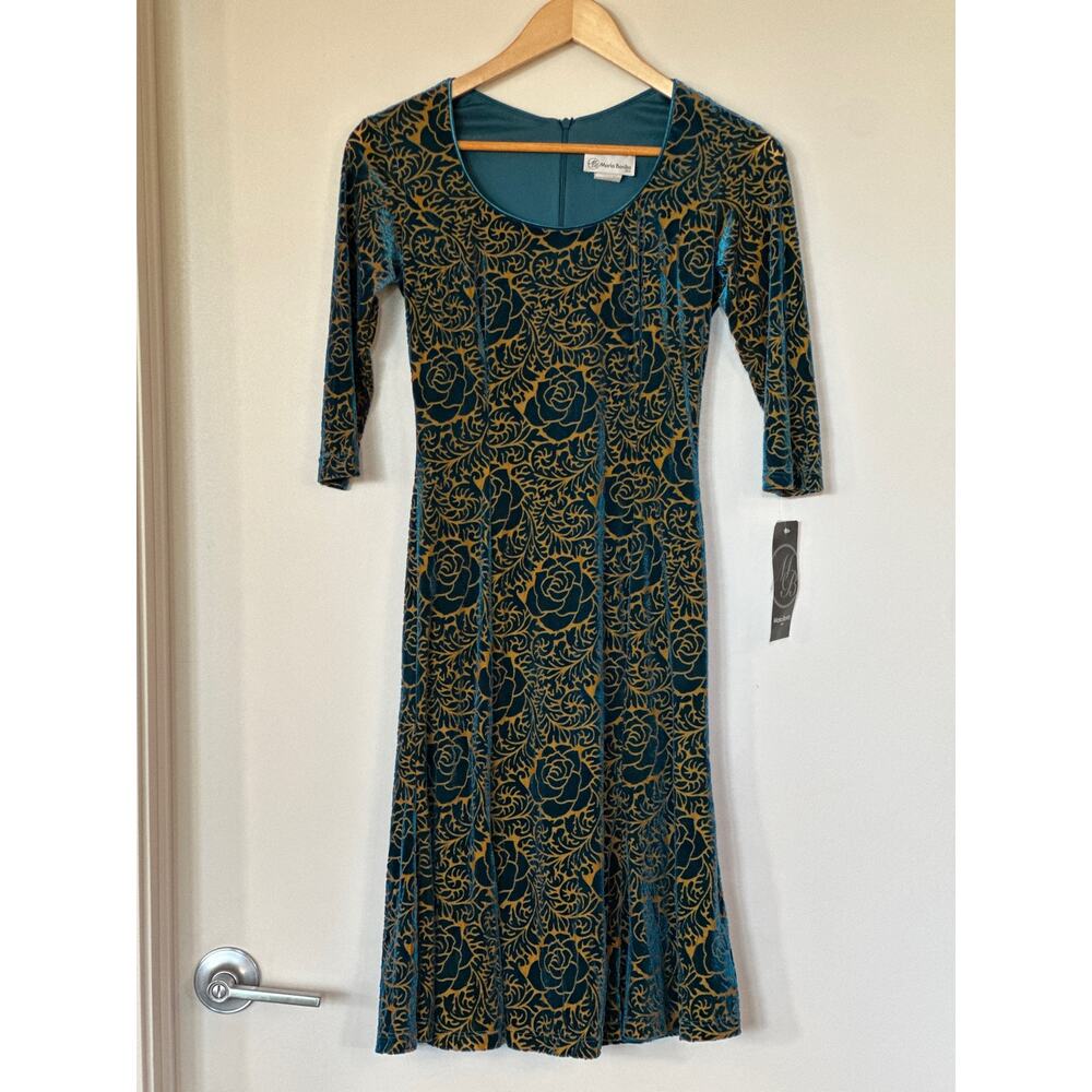 Vintage NWT Maria Bonita USA Small Green Floral Fit & Flare Velvet Midi Dress
